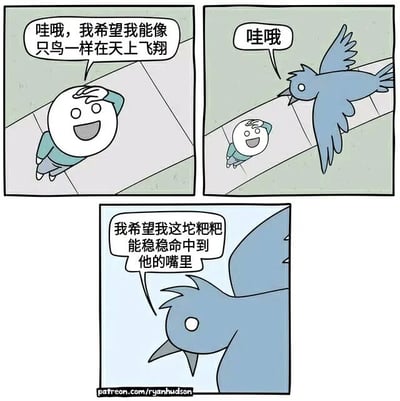 三格连环漫画：第一格中，一个圆脸卡通人物面带笑容，抬手摸着头顶，开心地说“哇哦，我希望我能像只鸟一样在天上飞翔”；第二格切换到飞翔的蓝色小鸟视角，小鸟低头看着下方的人物，同样发出“哇哦”的感叹；第三格特写小鸟的面部，它内心想着“我希望我这坨粑粑能稳稳命中到他的嘴里”。通过人类天真的飞翔愿望与小鸟恶作剧式的“反愿望”形成强烈反差，制造出幽默效果。