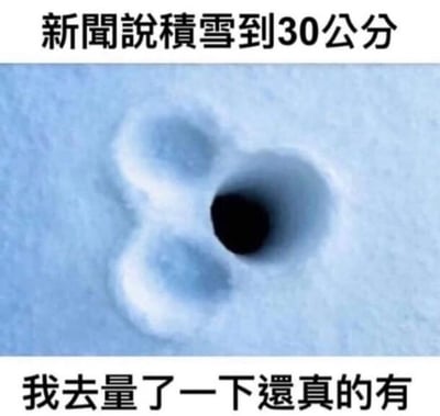 图片上方配有文字“新闻说积雪到30公分”，下方文字“我去量了一下还真的有”，中间是一张积雪的照片，雪地上有一个黑色的孔洞和两个圆形凹陷，幽默地暗示所谓的“30公分积雪”实际只是测量时戳出的孔洞深度，通过夸张与现实的反差制造笑点，调侃新闻报道与实际情况的差异。