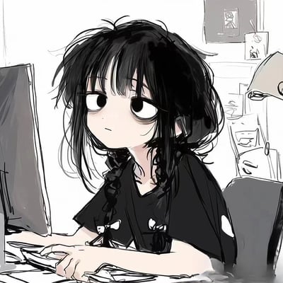 一幅黑白动漫风格插画，描绘了一个熬夜工作的女孩。她有着凌乱的黑色长发，部分头发编成了麻花辫垂在胸前。女孩有着大大的眼睛和略显疲惫的表情，正专注地看着电脑屏幕，一只手放在键盘上，另一只手握着鼠标。她穿着一件黑色的T恤，衣服上有白色的小装饰。背景中可以看到简单勾勒的书桌、台灯和墙上的装饰画，营造出一种深夜工作的氛围。