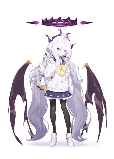 An anime-style illustration of a young girl with long white hair, purple curved horns, and large bat-like wings with purple membranes and gold tips. She wears a white jacket over a sailor-style top with a yellow bow, a blue skirt adorned with white floral patterns, black leggings, and white sneakers. Above her head floats a purple, spiked halo emitting a soft glow. The character has a calm expression with purple eyes and stands against a plain white background.
