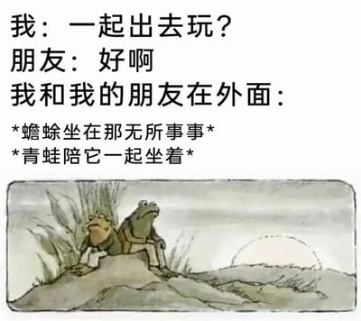 上方文字描述“我”邀请朋友出去玩，朋友爽快答应，而下方水墨画风格插画则展示“我和我的朋友在外面”的场景——一只蟾蜍和一只青蛙并排坐在石头上，面向远方的夕阳，表情平静地无所事事。通过动物悠闲放空的状态，幽默地表现了朋友间常见的“约好出去玩却实际只是安静待着”的真实日常，反差感带来搞笑效果。
