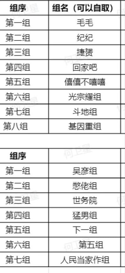 这张图是两张上下排列的小组命名表格，表格包含「组序」和「组名（可以自取）」两列，罗列了大量脑洞大开的趣味小组名称，大量使用谐音梗制造笑点：上方表格共8组，名称依次为毛毛、纪纪、捷赟、回家吧、僖僖不嘻嘻、谐音“光宗耀祖”的“光宗耀组”、谐音“斗地主”的“斗地组”、挪用生物学术语的“基因重组”；下方表格共7组，名称依次为谐音明星名字“吴彦祖”的“吴彦组”、憋佬组、谐音“国务院”的“世务院”、猛男组、“下一组”、玩错位梗的“第六组命名为第五组”、谐音“人民当家作主”的“人民当家作组”，整体充满网感和趣味性，是网友创作的搞笑取名参考内容。