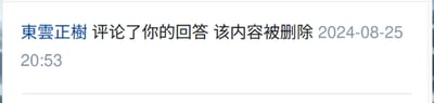 这是一张社交媒体平台的通知截图，界面显示用户「東雲正樹」评论了你的回答，但该评论内容已经被删除，同时标注了通知时间为2024年8月25日20:53。画面为纯文字通知，没有多余的视觉元素，信息清晰明了，告知用户评论的状态。