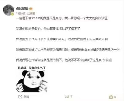 博主在社交媒体上吐槽自己的亲身经历：朋友下载了要求实名认证的假Steam，博主反复告知这是假的，解释国外平台Steam不会要求实名认证，但朋友固执认为国内下载的Steam需要实名认证，即便来确认也不听博主的判断，博主因此感到愤怒，配上了攥紧拳头、头上冒青筋的熊猫头愤怒表情包，整个内容充满无奈又好笑的情绪，展现了遇到固执不听劝的人的崩溃瞬间。