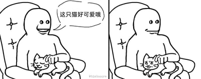这是一张左右对比的连环线稿卡通图，整体为黑白简笔画风格。左侧画面中，一个简笔卡通人坐在带有装饰的椅子上，手抚摸着腿上的猫咪，脸上露出开心的笑容，配文“这只猫好可爱哦”，此时猫咪闭着眼睛，一脸享受被抚摸的惬意神态；右侧画面是同一个场景，卡通人的笑容消失，表情变得十分微妙，而原本享受的猫咪，脸部神态变成了和人类同款的戏谑表情，形成了强烈的反差感，制造出搞笑的趣味反转效果。