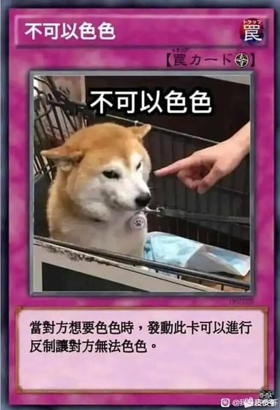 这是一张模仿《游戏王》陷阱卡样式制作的搞笑网络梗图。整体采用紫色边框的陷阱卡布局，顶部标注标题“不可以色色”，中间主体区域是一张柴犬表情包：柴犬被绳子拴着待在类似推车的容器里，表情无奈委屈，一只手正指着它，图片上方叠加了“不可以色色”的文字。卡片底部的效果说明栏写着“当对方想要色色时，发动此卡可以进行反制让对方无法色色。” 这里的“色色”是网络上对暧昧、低俗或越界的亲密想法与行为的调侃式说法，这张图以卡牌效果的幽默形式，用来在社交场景中开玩笑地制止他人的暧昧或玩笑式的越界言论，是朋友间玩梗互动的趣味素材。
