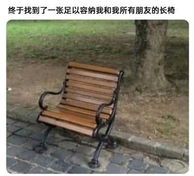 这张图片呈现了户外人行道边缘的一张特殊公园长椅，它仅保留了单侧的椅面、靠背与金属支架结构，木质的坐板和靠背条搭配黑色的铁艺扶手与支架，安装在砖石路面上，背景是泥土和树木。图片上方配有文案“终于找到了一张足以容纳我和我所有朋友的长椅”，通过半张长椅的狭小空间与文案结合，用自嘲的方式调侃自己孤独、没有朋友的状态，以反差感制造出搞笑又略带心酸的效果，容易引发有类似情绪的网友共鸣。