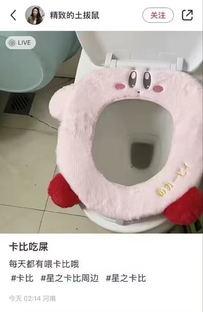 这是一条社交媒体动态截图，展示了一个星之卡比造型的毛绒马桶圈：粉色的卡比脸部朝上，马桶圈的开口恰好对应卡比的嘴部位置，搭配红色的小短爪，造型呆萌。动态文案为「卡比吃屎」「每天都有喂卡比哦」，并带上了#卡比 #星之卡比周边 #星之卡比 话题，玩了一个场景反差梗，将使用马桶的行为调侃成「喂卡比」，用可爱角色和荒诞场景的反差制造搞笑效果。