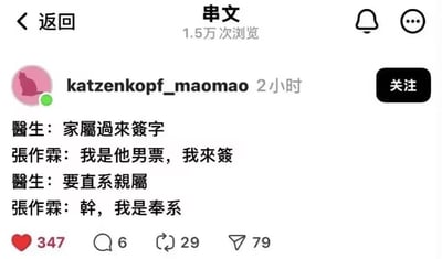 这是一张社交平台“串文”板块的帖子截图，发布者为用户katzenkopf_maomao，发布2小时获得1.5万次浏览，互动数据为347个点赞、6条评论、29次转发、79次分享。帖子内容是一则以历史人物张作霖为主角的谐音梗段子：医生要求患者家属过来签字，张作霖称自己是患者男友要签字，医生表示需要直系亲属，张作霖则玩谐音梗回应“干，我是奉系”，利用“直系”和“奉系”的谐音制造笑点——奉系是历史上张作霖所领导的军阀派系，用这个身份曲解医生的要求，形成荒诞幽默的效果。
