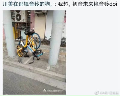 这是一张社交媒体截图，主体内容是路边两辆被摆放成错位姿势的共享单车，一辆为黄色车身，对应VOCALOID角色镜音铃的代表色，另一辆为蓝白色车身，对应VOCALOID角色初音未来的代表色。上方配文“我超，初音未来镜音铃doi”，利用共享单车的错位造型制造出低俗的联想，将现实中的物品和虚拟偶像角色结合玩梗，整体风格搞笑又带有低俗趣味。图片底部有原发布者的水印和微博转发来源标识。