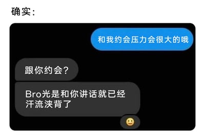 这是一张带有顶部批注的聊天记录截图，顶部用“确实：”引出下方的对话内容。聊天界面中，蓝色气泡的发言者A率先表示“和我约会压力会很大的哦”，灰色气泡的发言者B先是发出疑惑的反问“跟你约会？”，随后用夸张的语气说道“Bro光是和你讲话就已经汗流浃背了”，最后还附带了一个微笑的表情符号。这段对话通过夸张的表述，以幽默的方式展现出和发言者A交流时的强烈紧张感，充满了趣味和调侃的氛围。