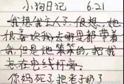 这是一张手写的纯文字静态图，标题为“小狗日记 6.21”。内容前半部分以软萌的小狗视角，表达对主人的想念，描述主人原本十分疼爱自己，去哪里都带着自己，却不小心将自己遗忘在电线杆旁；后半部分画风突变，小狗用粗俗暴躁的语气指责主人丢弃自己，前后语气形成强烈反差，以此制造恶搞的喜剧效果。图片右下角带有微博用户“@幽闭恐惧症患者”的水印。