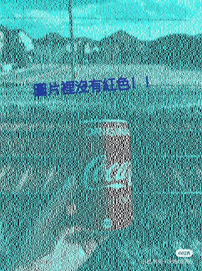 这是一张利用视觉错觉原理制作的像素风格静态图，整体画面由蓝绿色调的密集噪点像素构成，图中用蓝色字体醒目标注“图片裡沒有紅色！！”。在画面中下部有一个竖长的黑白噪点区域，当人眼注视该区域时，会受到周围蓝绿色像素的色彩对比影响，产生看到红色的视觉错觉，但实际上图片的像素中并不包含红色。