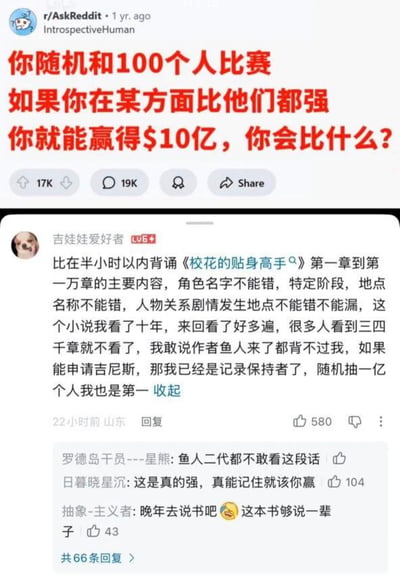 这是一张Reddit论坛r/AskReddit板块的帖子截图，标题用红色大字提问：“你随机和100个人比赛 如果你在某方面比他们都强 你就能赢得$10亿，你会比什么？”。下方显示一条来自用户“吉娃娃爱好者”的中文评论，声称自己能在半小时内背诵网络小说《校花的贴身高手》第一章到第一万章的全部主要内容，包括角色名字、地点、人物关系等细节，甚至调侃作者“鱼人二代”都背不过自己。评论下方还有其他用户的幽默回复，如“鱼人二代都不敢看这段话”“这是真的强，真能记住就该你赢”等，整体氛围轻松搞笑，展现了网友的脑洞和自嘲式自信。