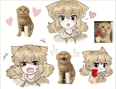 这是一组将网络热门橘猫表情包进行二次元拟人化的创作图，包含三张真实橘猫表情包原图，以及对应的二次元猫耳少女形象：左上角是叼着舌头、爪子搭在纸筒上的呆萌橘猫，对应上方吐舌害羞的浅棕猫耳少女；右上角是举着玫瑰的橘猫，对应右下角举着玫瑰、软乎乎的猫耳少女；下方是张嘴大叫的橘猫，对应左下角炸毛张嘴的生气猫耳少女，整体风格可爱治愈，精准还原了猫咪的神态动作。
