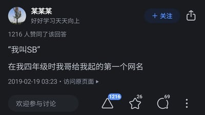 这是一张知乎平台的深色模式回答截图，答主用户名为“某某某”，个人简介是“好好学习天天向上”，头像是一张树木的照片。该回答获得1216人赞同、26个收藏、69条评论，发布于2019年2月19日03:23。答主在回答里分享童年趣事：四年级时哥哥给自己起的第一个网名叫“我叫SB”。界面右上角有“+关注”和分享按钮，回答下方设有“访问原页面”入口与“欢迎参与讨论”输入框。