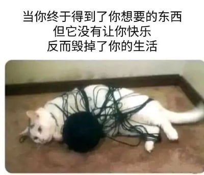 图片上方配有文字：'当你终于得到了你想要的东西 但它没有让你快乐 反而毁掉了你的生活'，下方是一只白色猫咪被黑色毛线缠绕，身体被毛线束缚，表情看起来有些无奈和困扰，生动形象地用猫咪玩毛线却被缠住的场景，比喻人们追求某物最终却被其拖累的状态。