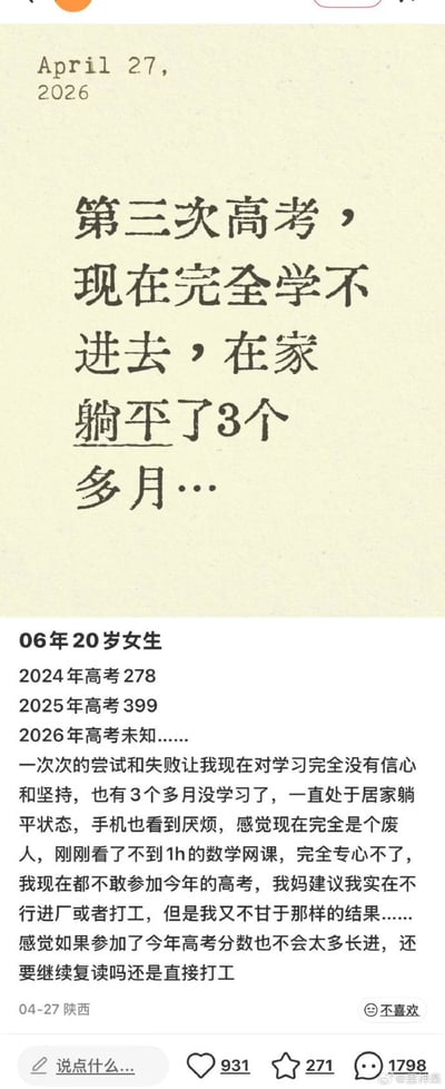 整张图是社交媒体内容截图，分为上下两部分，上半部分为浅黄色仿笔记背景，顶部标注日期2026年4月27日，下方写有“第三次高考，现在完全学不进去，在家躺平了3个多月…”的文字，其中“躺平”二字加了下划线；下半部分是2006年出生的20岁女生发布的求助帖正文，内容显示她2024年高考得278分，2025年高考得399分，2026年即将第三次参加高考，但已经3个多月没有学习，处于居家躺平状态，无法集中精力学习，对高考失去信心，母亲建议她直接进厂打工，但她不甘心现状，纠结应该继续复读还是直接打工。帖子底部标注发布地为陕西，发布时间为4月27日，还有931赞、271收藏、1798条评论的互动数据。