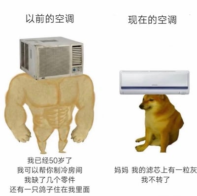这是一张左右对比的吐槽类梗图，左侧对应“以前的空调”，将老式窗式空调作为头部拼接在肌肉发达的人形身体上，配文自述“我已经50岁了，我可以帮你制冷房间，我缺了几个零件，还有一只鸽子住在我里面”，调侃以前的老式空调质量过硬，哪怕老化残缺都依然可以正常工作制冷；右侧对应“现在的空调”，将新式挂壁空调放在网红柴犬Cheems的头顶，配文“妈妈 我的滤芯上有一粒灰 我不转了”，调侃现在的新款空调太过娇弱，一点小问题就停止运行，整体讽刺了如今家电产品的耐用性和品控远不如过去的老产品。