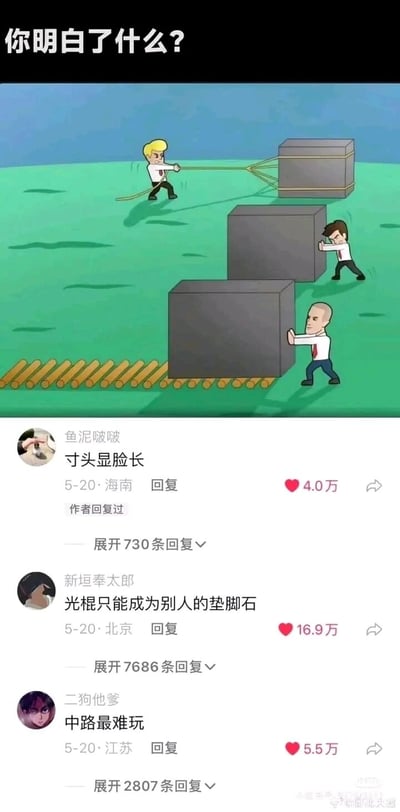这是一张小红书平台的原创趣味梗图，图上方配有提问文字“你明白了什么？”，展示了三个卡通上班族用不同方式搬运箱子的场景：最上方的金发人物用绳子拖动箱子，中间的棕发人物徒手推箱子，最下方的寸头人物推的箱子放置在滚木上，借助滚木更省力。图下方截取了三条平台内的高赞搞笑评论：用户“鱼泥啵啵”评论“寸头显脸长”，获4.0万赞；用户“新垣奉太郎”玩谐音梗，将滚木调侃为“光棍”，评论“光棍只能成为别人的垫脚石”，获16.9万赞；用户“二狗他爹”结合游戏梗评论“中路最难玩”，获5.5万赞。整体通过职场搬箱子的场景隐喻，搭配网友的搞笑玩梗回复，制造出轻松趣味的效果，其中“光棍只能成为别人的垫脚石”是核心玩梗内容，利用滚木的形态谐音“光棍”，调侃类似的处境。