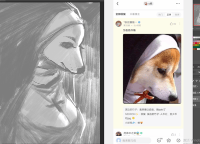 这是一张左右分栏的内容图，左侧是在Photoshop软件中创作的黑白拟人化素描作品，将右侧的修女装扮柴犬形象进行二次元拟人化，赋予其女性身形与修女服饰，画风细腻，角色神情低垂落寞；右侧是百度贴吧“v吧”的帖子截图，用户“°秋后算账。”发布了一张穿着修女服饰的柴犬图片，配文“为色色忏悔”，下方有多位网友的玩梗互动回复，比如“溪边的竹子”留言“虽然难以启齿，我boki了”，其他用户则以网络流行语进行调侃回复，整体围绕这张修女柴犬梗图展开二次创作与趣味玩梗，充满网络迷因的搞笑氛围。