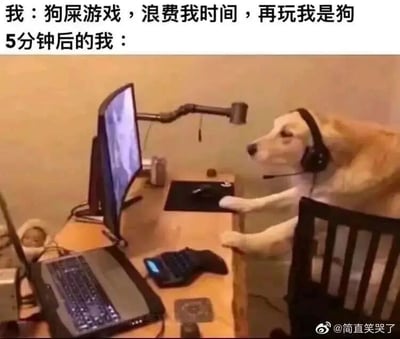 这是一张图文混排的上下对比搞笑梗图，上方分为两段文字：第一段是“我：狗屎游戏，浪费我时间，再玩我是狗”，展现出游戏玩家在体验游戏时产生不满情绪，放狠话立下再也不玩的flag；第二段是“5分钟后的我：”，下方对应一张经过改编的宠物照片，一只金毛犬头戴黑色头戴式耳机，两只前爪搭在电脑桌的边缘，脑袋凑近电脑屏幕，眼神专注地盯着屏幕，仿佛正在认真玩游戏。这张图用“立flag后立刻打脸”的反差感，将玩家“嘴上嫌弃游戏，身体却诚实继续玩”的“真香”状态具象化，用“变成狗也要玩”的趣味对应，精准调侃了游戏玩家普遍存在的矛盾又真实的心态，充满了生活化的幽默。