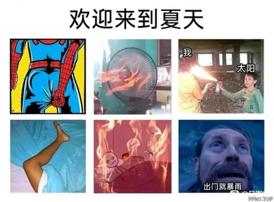 这是一张由六张子图拼接而成的夏日吐槽梗图，顶部配有文字“欢迎来到夏天”，用夸张、恶搞的方式展现夏天的各种糟心体验：1. 左上角图：漫威的蜘蛛侠形象，屁股部位被汗浸湿，看起来像是弄脏了裤子，调侃夏天容易出汗导致的尴尬场景；2. 上中图：运转的电风扇看起来像是在喷出火焰，夸张表现夏天连风扇吹出来的风都是热的，降温效果极差；3. 上右图：两个真人摆拍，标注“我”的人被标注“太阳”的人用类似喷火器的道具喷射，生动比喻夏天太阳暴晒的酷热感；4. 左下角图：人的腿粘在了凉席上，真实还原夏天出汗后皮肤与凉席粘连的难受体验；5. 下中图：蚊香燃烧的火焰旁，手绘的小人被火焰包围，周围还有蚊子，调侃夏天蚊子多，点了蚊香也仿佛自己要被“烧到”的崩溃感；6. 下右图：一名男子崩溃望天，配文“出门就暴雨”，吐槽夏天天气多变，刚经历暴晒出门就遇到暴雨的无奈。