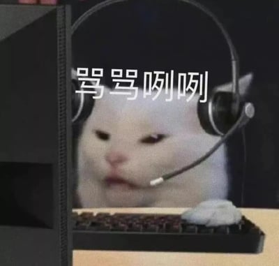 这是一张趣味网络表情包，画面中一只白色猫咪佩戴着带麦克风的头戴式耳机，爪子搭在键盘上，眼神低垂、神情烦躁，上方配有文字“骂骂咧咧”，精准地还原了人们在工作、打游戏时遇到糟心事，忍不住吐槽、情绪烦躁的状态，常被用于社交场景中抒发职场压力、游戏失利或遇到烦心事时的不满情绪，引发受众共鸣。