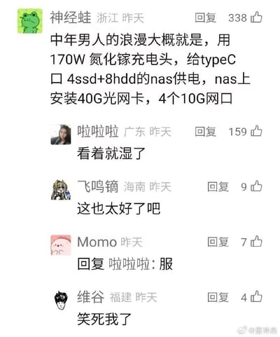 这是一段竖屏格式的社交媒体评论区截图，楼主「神经蛙」用一套硬核的高端数码配置来定义中年男人的浪漫：使用170W氮化镓充电头，为搭载4个SSD+8个HDD的NAS供电，同时该NAS还配备40G光网卡与4个10G网口。这条内容引发了其他网友的趣味互动，网友「啦啦啦」留下「看着就湿了」的双关评论，既表达了对顶级数码配置的激动之情，又带有调侃式的暗示，随后网友「Momo」回复「服」，网友「飞鸣镝」则表示「这也太好了吧」，整体是数码爱好者圈子里充满趣味的调侃互动，将硬核数码配置包装成「中年浪漫」，充满反差感与趣味性。