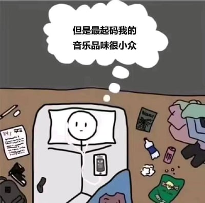 一张卡通风格的梗图，描绘了一个简笔画人物躺在床上，周围是凌乱的房间，包括散落的纸张、衣物、水瓶和一本Nirvana乐队的书。人物的头上有一个思想泡泡，里面写着："但是最起码我的音乐品味很小众"。这幅图通过展示凌乱的生活环境与对小众音乐品味的坚持之间的对比，创造出一种自嘲式的幽默效果。
