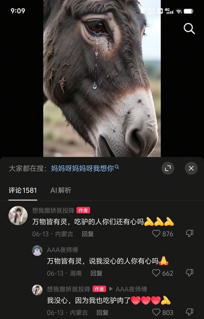 整张图是短视频平台的界面截图，上半部分为一头驴的面部特写，驴的眼睛正在滴落泪水，看起来悲伤委屈；下半部分是该视频的评论区，首先视频作者发布评论称“万物皆有灵，吃驴的人你们还有心吗”并搭配三个跪拜表情，获876点赞；随后网友“AAA夜师傅”回复该评论反问“万物皆有灵，说我没心的人你有心吗”搭配跪拜表情，获662点赞；最后作者再次回复该网友，出现反转表态“我没心，因为我也吃驴肉了”搭配爱心和跪拜表情，获803点赞，前后态度反差极大，充满搞笑戏谑的效果。