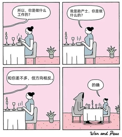 四格连环漫画描绘了两位人物在粉色背景的餐厅餐桌前的对话。第一格中，穿蓝色衣服的女性询问对方职业；第二格她自我介绍是助产士并反问；第三格她回答“和你差不多，但方向相反”；第四格揭示对方是戴兜帽的死神形象，女性回应“的确”。通过职业方向的反差制造黑色幽默效果。