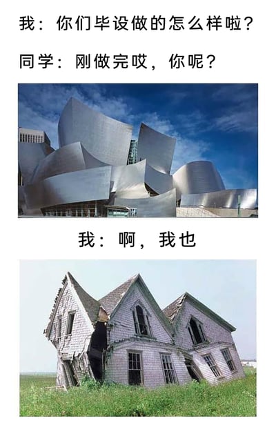 这是一张调侃大学生毕业设计完成状态的自嘲梗图，通过对话和两张风格迥异的建筑图形成强烈反差。首先图中“我”向同学询问毕设进度，同学表示刚做完，搭配的是弗兰克·盖里设计的沃尔特·迪斯尼音乐厅，其流畅精致的解构主义金属外观象征着毕设完成得出色规整；而“我”回应“啊，我也”时，搭配的是一栋结构破损、看起来摇摇欲坠的房屋，暗喻自己的毕设虽然也“做完”了，但质量粗糙、状态狼狈，和同学的毕设形成鲜明对比，精准戳中部分毕业生赶毕设时的仓促与无奈，用视觉化的方式传递出自嘲和搞笑的情绪，很容易引发学生群体的共鸣。