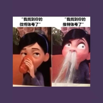 这是一张左右对比形式的搞笑表情包，采用皮克斯动画《青春变形记》中的角色小美作为创作素材，左侧图上方配文“我找到你的微博账号了”，对应图中小美神态淡定，正拿着水杯喝水；右侧图上方配文“我找到你的推特账号了”，对应图中小美震惊得双眼圆睁，直接把嘴里的水喷得又长又多。该表情包调侃了网友在不同社交平台的内容隐私程度差异：微博账号多有熟人关注，内容相对公开，被找到也不会过度慌张；而X（原推特）平台的账号通常存放着用户更不愿被熟人发现的私人发言和偏好内容，一旦被熟人找到反应会非常剧烈，精准戳中了当代网友区分不同社交平台人设的冲浪现状。