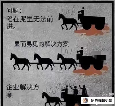 这是一张讽刺企业解决问题方式的三格漫画。第一格显示一辆由一匹马拉的车陷在泥里无法前进，配文“问题：陷在泥里无法前进”。第二格展示了显而易见的解决方案：用三匹马来拉同一辆车。第三格则讽刺地展示了“企业解决方案”：仍然用一匹马拉车，但车上增加了三个指挥的人。

图片通过简单的视觉对比，幽默地揭示了企业常常不解决根本问题（增加动力），而是增加管理层级或监督人员的现象。