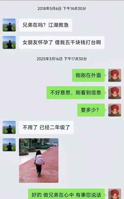 这是一张合成的聊天记录截图，包含两段相隔近7年的对话。2018年5月6日，一方焦急地向朋友借钱：“兄弟在吗？江湖救急，女朋友怀孕了借我五千块钱打台啊”。直到2025年3月16日，被借钱的朋友才回复“刚刚在外面，不好意思刚看到信息，要多少？”，而借钱方则淡定回复“不用了已经二年级了”，并配上一张背着书包的小女孩走在路上的照片。最后被借钱方还一本正经地说“好的做兄弟在心中有事您说话”。
图片通过巨大的时间差制造强烈反差和幽默感，原本紧急的“打胎借钱”请求，在7年后因孩子已上二年级而变得毫无意义，形成荒诞又搞笑的效果。