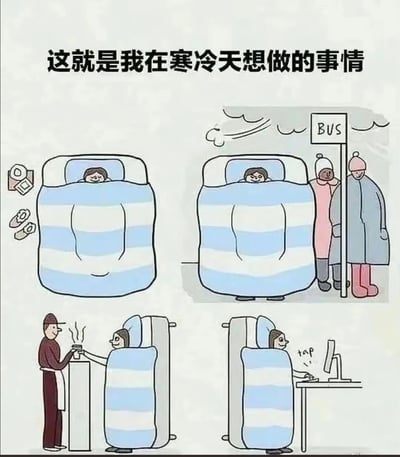这是一幅四格连环卡通漫画，顶部配文“这就是我在寒冷天想做的事情”，用夸张幽默的方式描绘了人们在寒冷冬日里的共同心愿：时刻不离开温暖的被窝。第一格展示了主角舒服地躺在卧室的被窝里，旁边放着眼镜、手机和拖鞋；第二格中，带轮子的被窝被推到了公交站，主角躲在里面，旁边是裹得严严实实、冻得瑟缩的等车路人；第三格是被窝被推到餐厅，主角从被窝里伸手接服务员递来的热饮；第四格则是被窝被推到办公桌前，主角在被窝里操作电脑办公。漫画精准捕捉了冬日里人们对温暖被窝的执念，用荒诞的场景引发大众共鸣。