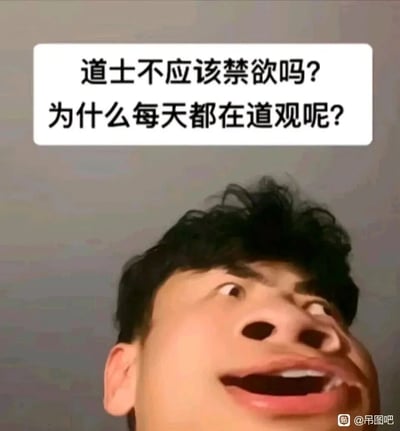这是一张经过P图改编的表情包，将真人照片的面部进行扭曲处理，使其呈现出眼睛上翻、嘴巴大张的滑稽错愕表情。图片上方配有文字“道士不应该禁欲吗？为什么每天都在道观呢？”，利用“道观”与“道惯”的谐音制造低俗趣味的梗，暗示道士并未遵守禁欲的规矩，反而对此习以为常，夸张的面部表情进一步强化了这个梗的搞笑、荒诞效果。图片右下角带有“@吊图吧”的水印标识。
