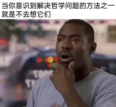 这是一张经过二次创作的网络搞笑梗图，图中上方配有文字“当你意识到解决哲学问题的方法之一就是不去想它们”，下方是一位黑人男性的影视截图，他嘴巴微张，手托下巴，眼神中满是惊讶与恍然大悟的神情，生动地表现出人们突然get到这种逃避式解决哲学难题思路时的反应。该梗图以幽默的方式调侃了哲学问题的晦涩与难以解答，以及人们面对这类终极问题时，从困惑到用“不去想”这种简单粗暴的方式开解自己的心态，契合了网络上用夸张表情配合扎心/搞笑文字制造共鸣的meme风格。