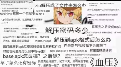 图片中央是一位金发红瞳的动漫女性角色，表情略带烦躁。角色周围被大量关于解压问题的中文文字密集包围，内容涵盖各类压缩错误场景：如“zip解压成了文件夹怎么办”“安装包无效啊”“zarchiver解压一个后就要收费了”“解压密码多少”“解压到apk格式后怎么办”等。底部“《血压》”字样强化了因频繁解压失败导致的情绪崩溃感，整体呈现用户面对电脑压缩操作困境时的抓狂状态。