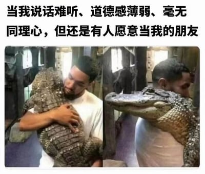 图片上方配有文字“当我说话难听、道德感薄弱、毫无同理心，但还是有人愿意当我的朋友”，下方是两张并排的照片。左侧照片中一名男子穿着白色T恤，双手抱着一只鳄鱼，鳄鱼身体蜷缩；右侧照片中同一名男子侧身站立，鳄鱼趴在他的肩膀上，头部自然下垂。整体通过将有攻击性的鳄鱼被人亲密对待的场景，幽默比喻自己虽有诸多缺点仍有人愿意做朋友的自嘲式友情。