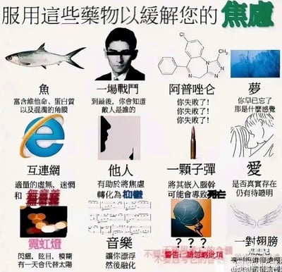 这是一张以「服用这些药物以缓解您的焦虑」为标题的讽刺类九宫格梗图，采用3行4列的图文混排布局，用黑色幽默的方式列出12种看似能缓解焦虑，实则只会加重精神内耗、带来虚无感的事物，精准戳中当代人的焦虑情绪。

图中没有双关或谐音梗，全部内容都是用夸张、讽刺的隐喻手法，表现焦虑人群的绝望、无助与精神迷茫，比如“一颗子弹”标注“嵌入脑干可能会导致死亡”，“他人”会将焦虑转化为抑郁，每一项内容都在反向调侃“缓解焦虑”的无效性。
