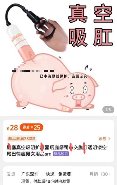 图片上方是一个真空吸具，中间是一个卡通猪形象，下方是电商平台的商品截图。图片通过将商品名称与卡通猪形象结合，制造出搞笑效果。