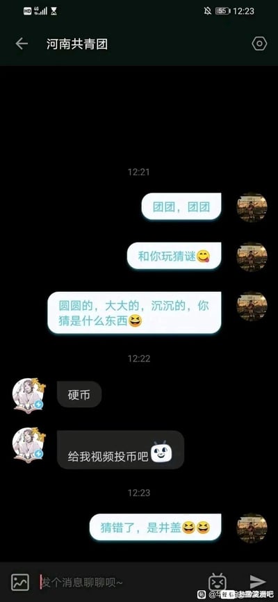 这是用户与河南共青团官方账号的聊天记录截图，用户主动发起猜谜互动：先是呼唤官方账号，接着给出谜面“圆圆的，大大的，沉沉的，你猜是什么东西😆”；河南共青团账号回复“硬币”，还顺势玩起网络平台的投币梗“给我视频投币吧😎”；最后用户揭晓答案是“井盖😆😆”，利用关于河南的不实刻板印象（网传河南井盖相关调侃）制造反差笑点，属于趣味玩梗的互动内容。

玩梗说明：此处使用了针对河南的刻板印象类不实调侃作为谜底，通过官方账号的常规回复与意外谜底形成反差，制造搞笑效果。