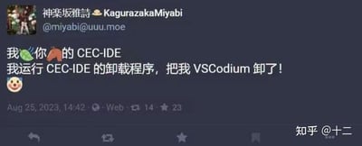 社交媒体用户神楽坂雅詩发布的一条吐槽动态，内容为运行CEC-IDE的卸载程序时，意外将VSCodium卸载，文字中带有愤怒情绪的网络用语和小丑表情符号。动态显示发布时间为2023年8月25日14:42，平台交互数据包括14条回复和23个星标。右下角有“知乎 @十二”的水印。