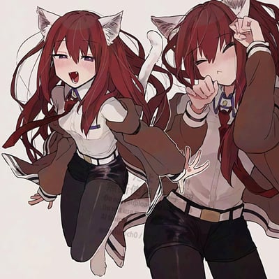 插画中展示了两位红发猫耳少女，均有着白色的猫耳和尾巴，穿着白色衬衫、红色领带与棕色外套的校服。左侧少女表情兴奋，嘴巴张开露出牙齿，脸颊泛红，长发随风飘动，尾巴高高翘起，双手自然舒展仿佛在跳跃；右侧少女则满脸红晕，眼睛微眯，一只手握拳抵在嘴边，另一只手举起拳头，姿态显得害羞又有些俏皮。背景为纯色浅灰，突出人物可爱灵动的形象。