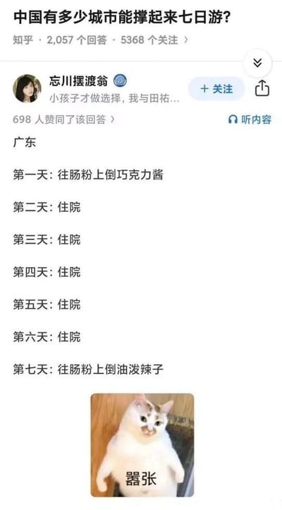 这张图是对知乎上“有多少城市能撑起七日游”问题的神回复，配上了网络热门的“器张猫”表情包。内容调侃广东的特色食物肠粉，假设七天游的日程是：第一天和第七天分别往肠粉浇巧克力酱和油泼辣子，剩下全是住院，被暗示本地肠粉不适合加这些奇怪配料，吃了会出问题。最后配当前流行表情的胖猫，猫身下配字“器张”，搞笑、夸张气氛拉满。全图极具网络幽默和反差感，带有恶搞、地域饮食梗和流行表情双关。