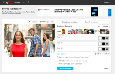 这是Imgflip网站的梗图生成器界面截图，显示了经典的"分心男友"(Distracted Boyfriend)梗图模板。界面左侧是模板预览，展示了一名男子与女友在街上行走时，转头惊讶地看向另一名路过的女子，女友则不满地看着男友。右侧是编辑区域，包含三个文字输入框(Text #1、Text #2、Text #3)，可用于添加梗图文字。顶部有Microsoft Azure的广告，内容为"向应用中添加智能机器人服务以及Azure提供的其他永久免费的AI服务"。界面还显示了多个其他梗图模板缩略图和上传新模板的选项。