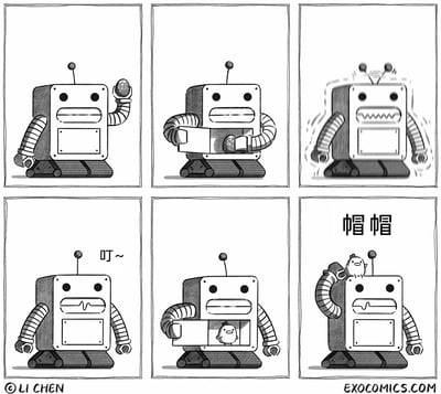这是一组由六格画面组成的黑白治愈系连环漫画，讲述了复古机器人获得新伙伴的趣味小故事：第一格，有着履带底座、天线的复古机器人举起一块石头；第二格，机器人打开胸前的方形舱门，将石头放入其中；第三格，机器人的身体开始震动，轮廓出现抖动线条，原本平直的嘴巴变成锯齿状，呈现出运作处理的状态；第四格，机器人恢复平静，嘴巴变成柔和的波浪线，旁边出现“叮~”的提示音，示意处理完成；第五格，机器人再次打开胸前舱门，里面出现了一只圆滚滚的软萌小鸡；第六格，小鸡站在机器人的肩膀上，旁边标注文字“帽帽”，此时机器人和小鸡都显得十分温馨治愈，整个故事充满了意外的温暖感。