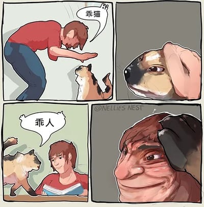 这是一组四格连环卡通漫画，描绘了主人与猫咪的趣味互动：第一格中，穿红色上衣的主人弯腰伸手，对着面前的猫咪说出“乖猫”；第二格展示主人的手抚摸猫咪头部的特写；第三格中，猫咪走到正在看书的主人身边，对着主人说出“乖人”；第四格则是猫咪的手抚摸主人头部的特写，主人脸上露出无奈又滑稽的表情。漫画通过模仿主人的行为和话术的反向互动，制造出反差搞笑的效果，生动展现了宠物与主人之间的趣味日常。